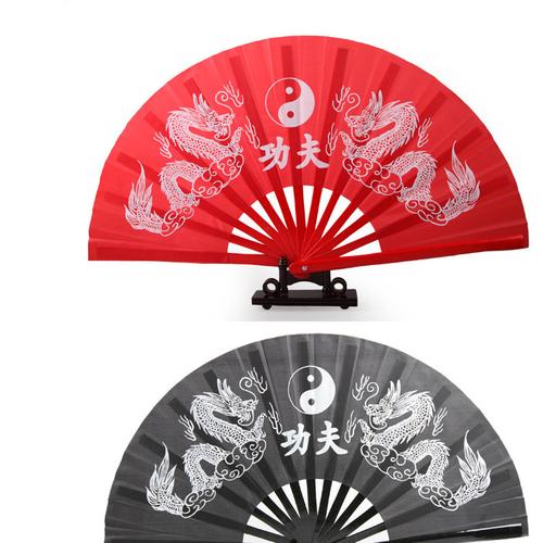 厂家直销 正宗竹骨绸面双龙功夫扇 太极扇 表演扇 武术一尺响扇图片